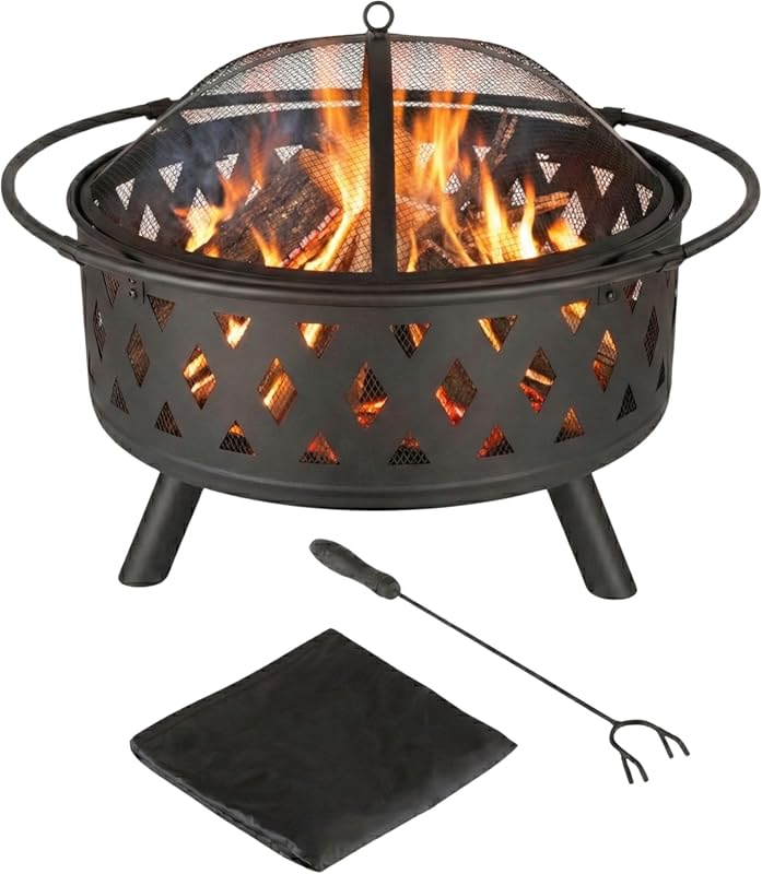 Pure Garden 32-inch Black Outdoor Wood Burning Fire Pit with Screen, P