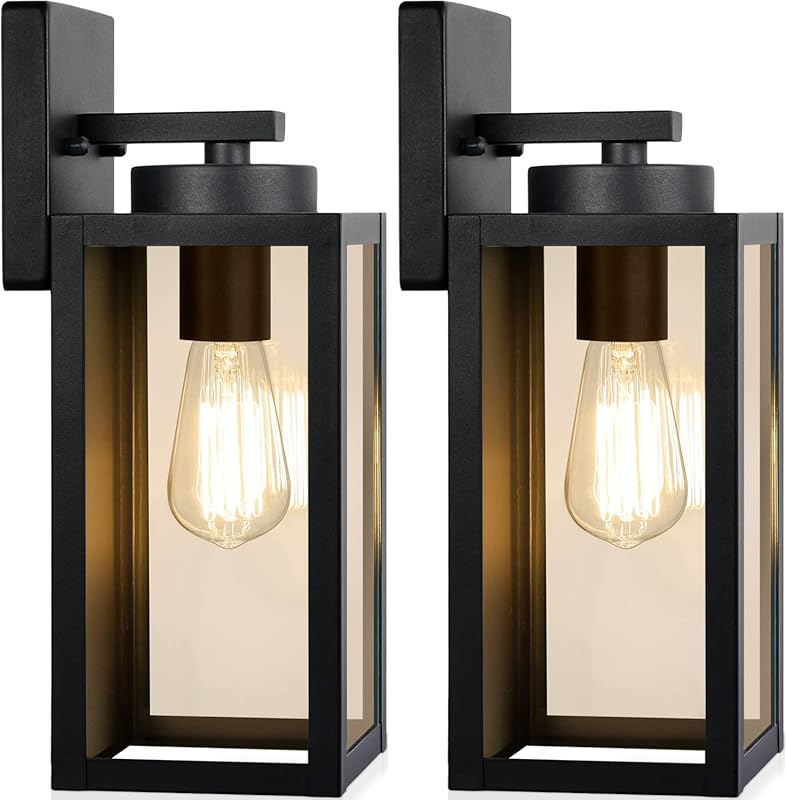 Modern Matte Black Outdoor Wall Lanterns 2-Pack, Waterproof Exterior F