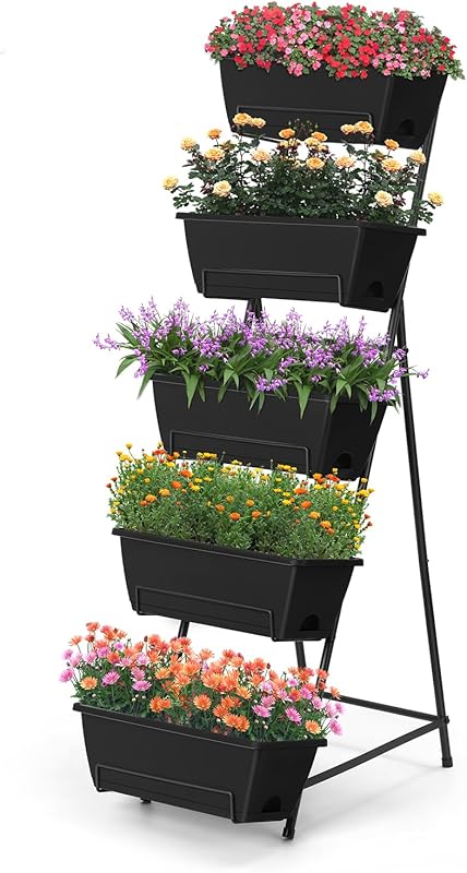 5-Tier Vertical Raised Garden Bed Planter Box, Black, with Drainage fo