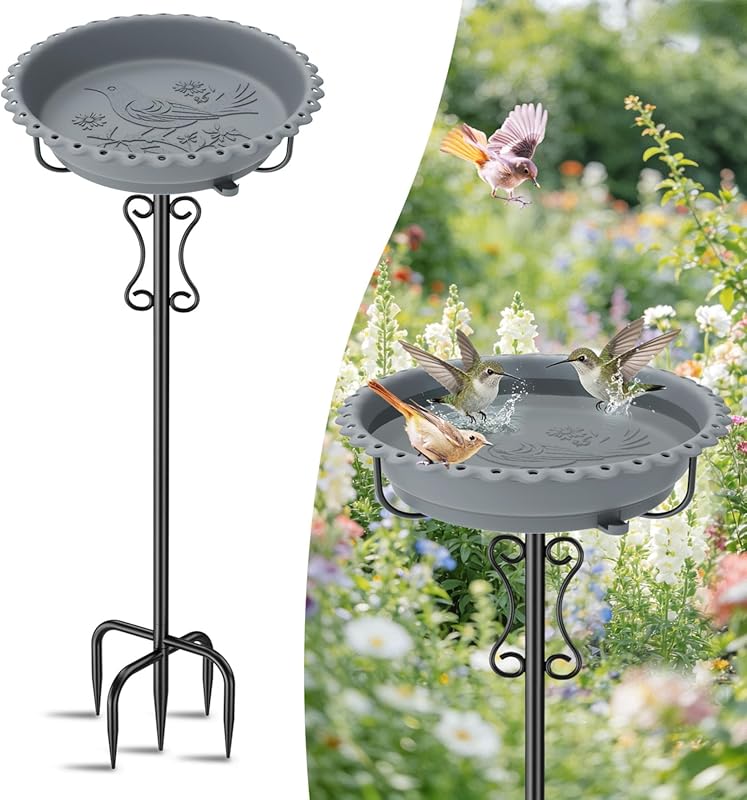 40-Inch Freestanding Outdoor Bird Bath with Stable Metal Stake, Rustpr