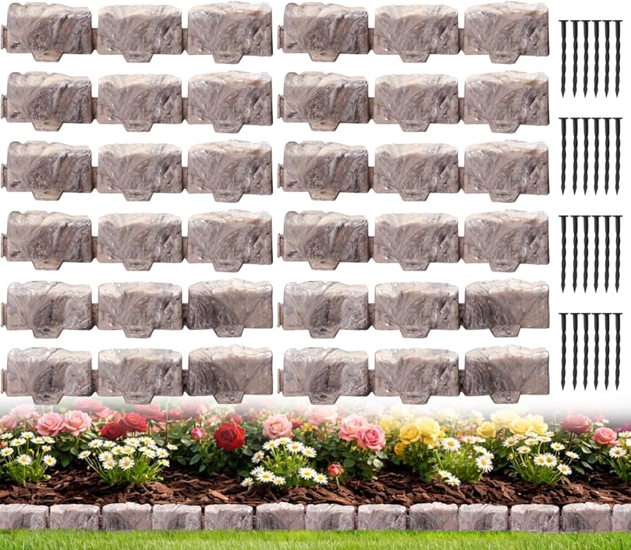 Decorative Faux Stone-Look Landscape Edging, 17FT Brown Garden Border,